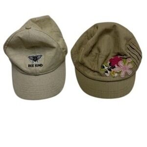 Womens Tan Baseball Cap & Military Style Hat Lot Bee Kind Floral Accent